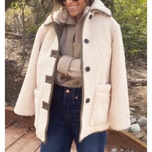 J CREW COAT JACKET TEDDY WINTER FALL SHERPA TWO TONE WHITE CREAM OLIVE GREEN